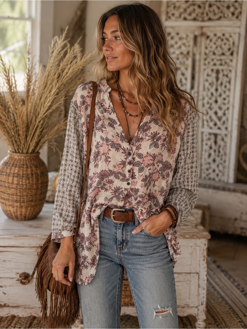Maurices‎ Floral Button-Front Mixed-Print Top - Cream & Dusty Rose